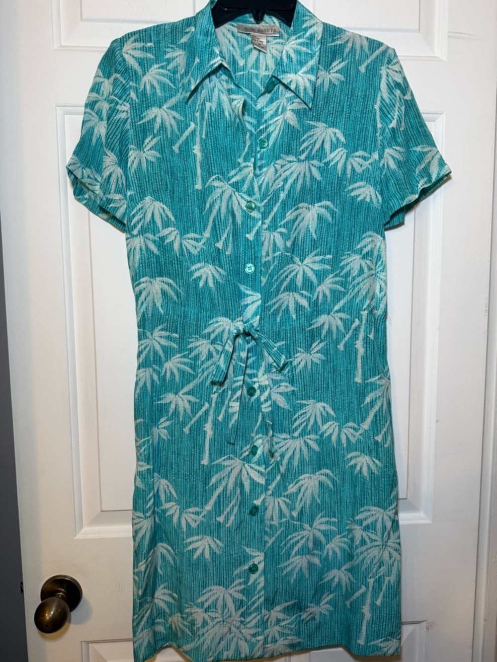 Silk Accents DVF 100% Silk Turquoise Palm Tree Shirt Dress Tie Waist XS Tropical